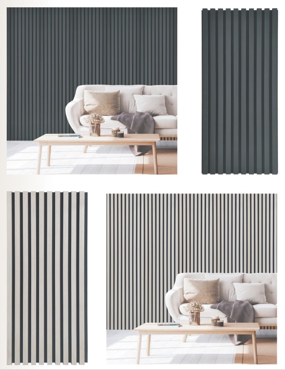 A collage shows dark vertical wall slats in a modern living room behind a white sofa and wood coffee table, plus close-up slat panels; calm, minimalist decor.