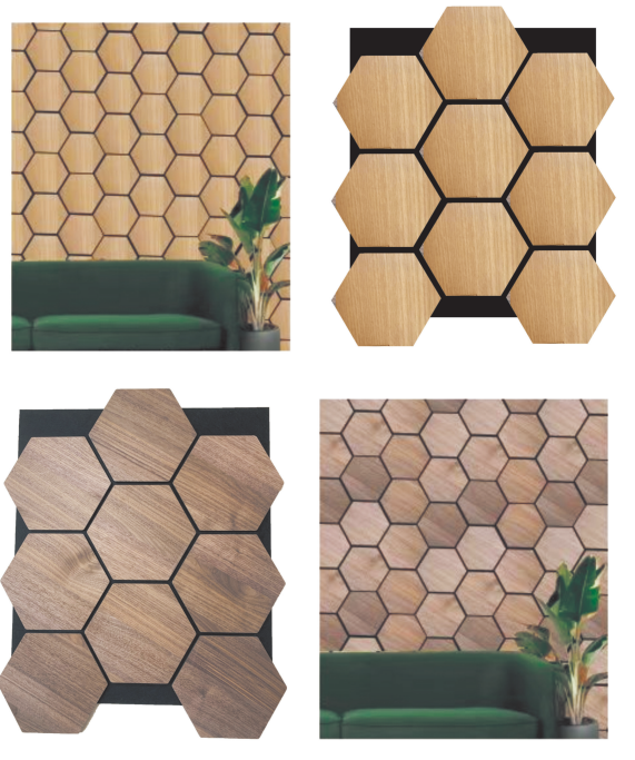 A four-panel collage shows honeycomb wood wall panels, close-up hexagonal tiles in pale and dark wood, and an installed wall behind a green sofa and plant. The look is warm and modern.