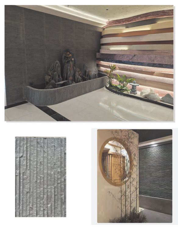 A modern spa interior features a dark textured stone wall