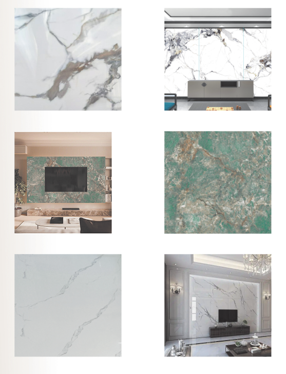 A six-image grid of luxury marble interiors and stone slabs in white, gray, and emerald green, featuring veined walls, kitchen, and elegant living rooms.