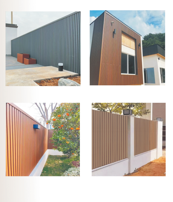 Four architectural photos show modern vertical-slat privacy fences and house facades in gray and warm wood tones, creating a clean, contemporary feel.