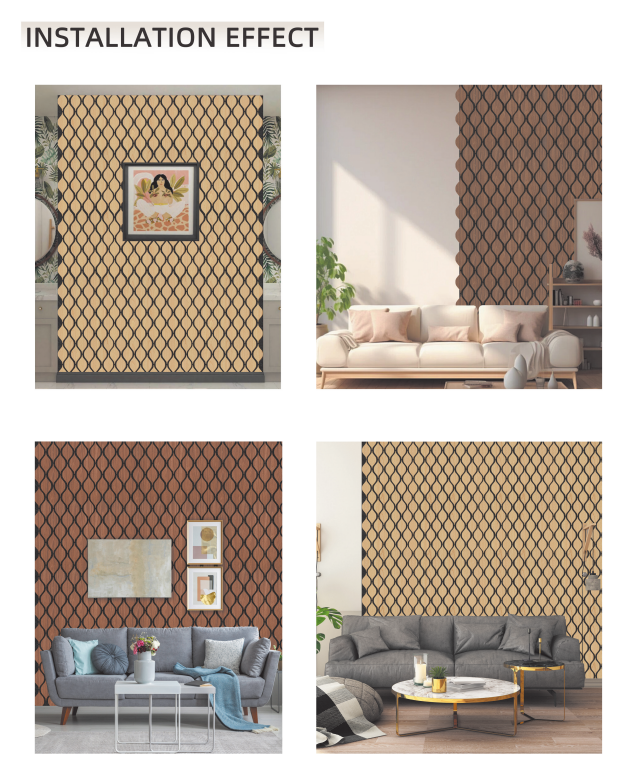 Four interior mockups show repeating black lattice wallpaper in tan or rust, framing artwork or accent walls behind sofas; the rooms feel warm and polished.