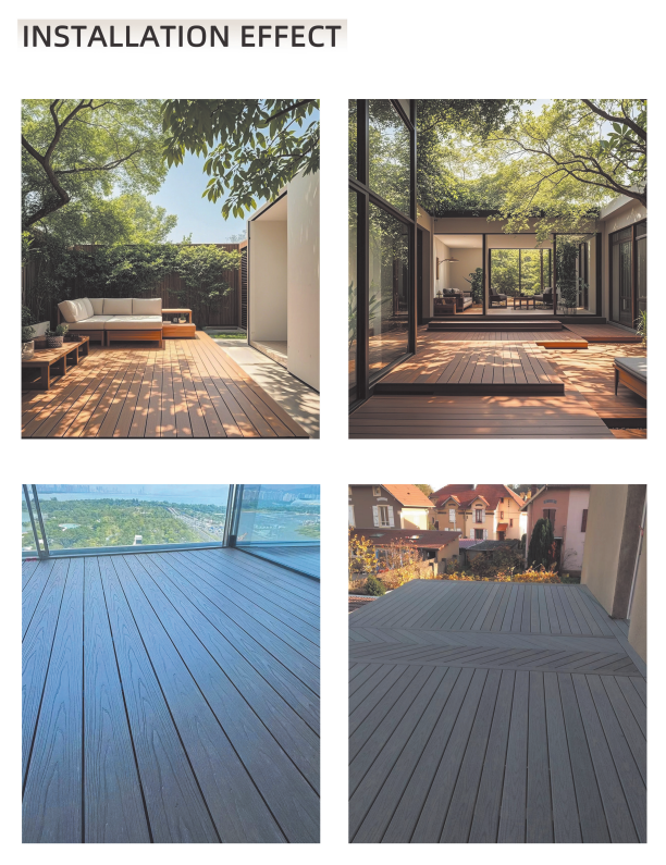 Four-panel “Installation Effect” collage showing composite outdoor decking warm wood patios beneath leafy trees beside modern homes