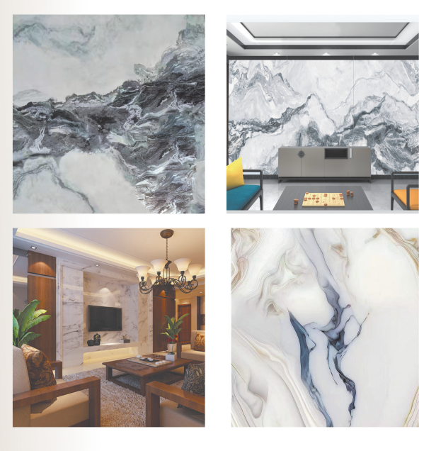 Four-panel collage of gray, white, and charcoal marble patterns