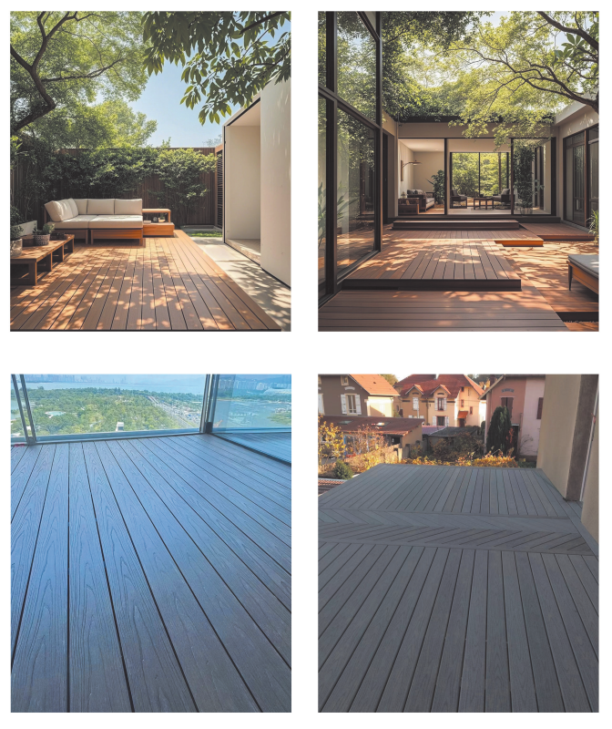 Four photos show modern outdoor decks warm timber patios beneath leafy trees, a glass-walled courtyard, and gray composite balconies with scenic views. Relaxed, inviting tone.