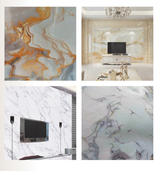 Four views of luxurious marble slab walls flowing gold, amber, gray, and white veining, including two elegant TV rooms. The interiors feel polished and serene.