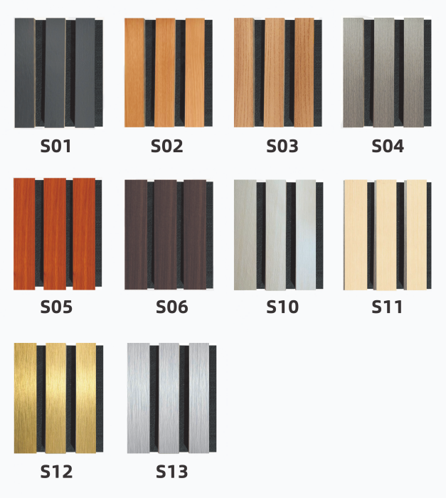 Grid of ten ribbed wood-look panel samples labeled S01–S06 and S10–S13, in charcoal, brown, orange, gray, cream, and gold finishes; neat, product-focused display.