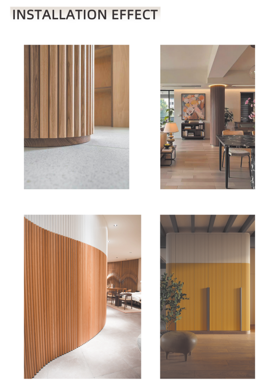 Installation effect collage showing curved wood slat partitions in modern interiors close-ups