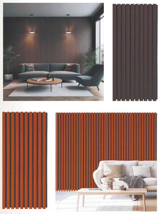 Modern living room with dark vertical wall panels behind a sofa, shown alongside close-ups of charcoal and orange slatted panel finishes; sleek, warm interior design.