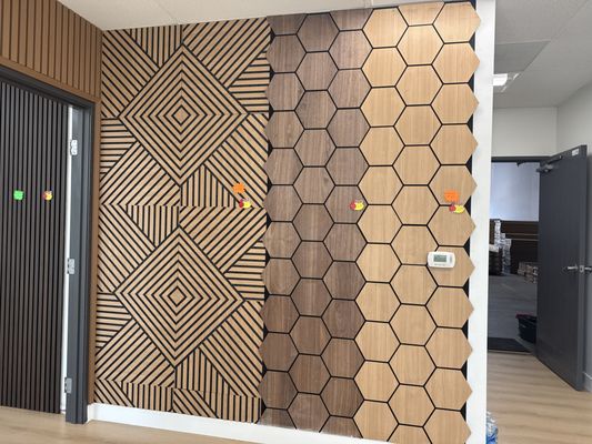 Modern office feature wall with geometric wood panels intricate black-and-tan line patterns beside honeycomb hexagons, creating a warm, contemporary feel.