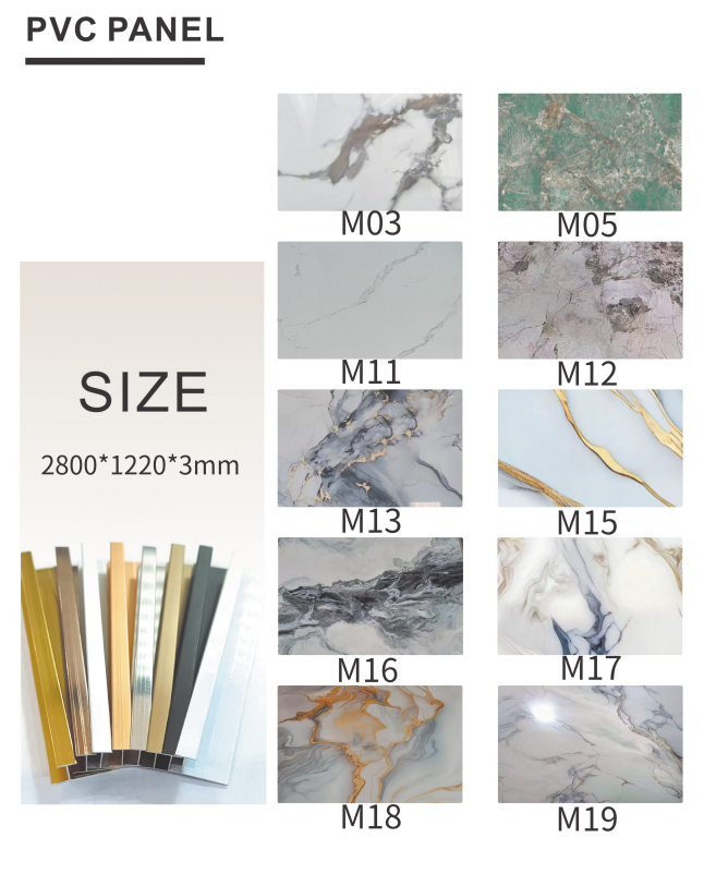 PVC panel sample chart showing 2800 × 1220 × 3 mm panels, with eight marble and stone-look finishes labeled