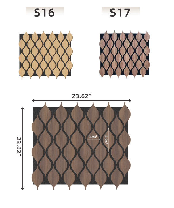 Product diagram comparing S16 and S17 decorative lattice panels, with a close-up showing a dark brown wave pattern and dimensions of 23.62 by 23.62 inches.