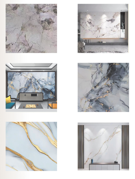 Six images showcase luxury marble wall designs and panels in white, gray, and blue, with dramatic gold veining; elegant interiors feel calm and upscale.