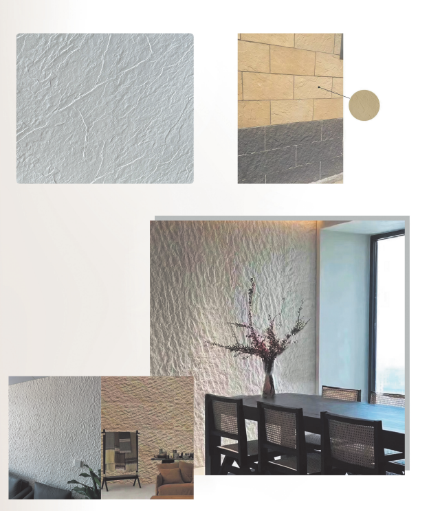 Textured wall-finish samples in pale gray and beige, alongside modern dining-room interiors with a sculpted feature wall and calm, natural tone.