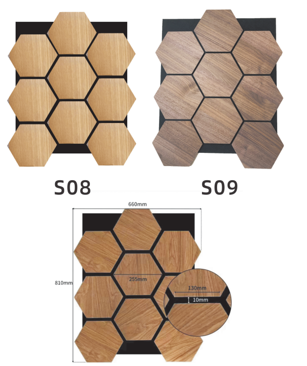 Two geometric wood wall-panel patterns, labeled S08 in light oak and S09 in dark walnut, shown above a dimensioned honeycomb layout with measurements. The clean product display feels modern and architectural.