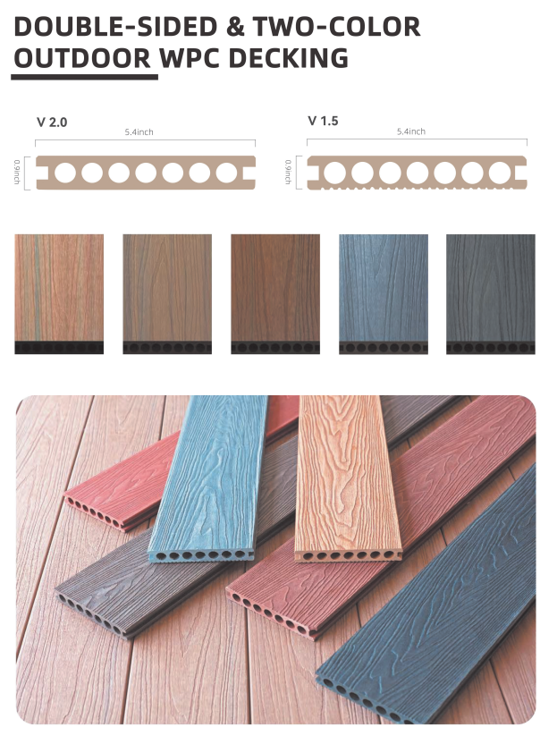 WPC decking brochure showing V2.0 and V1.5 profile diagrams, five wood-grain color options, and overlapping sample planks in warm and cool tones.