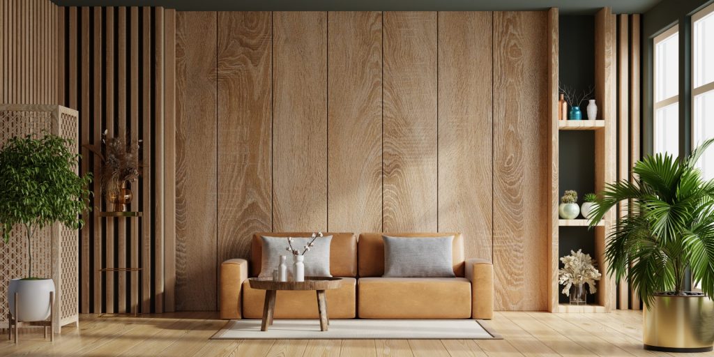 interior living room with wooden wall panels and simple, modern furniture and decor
