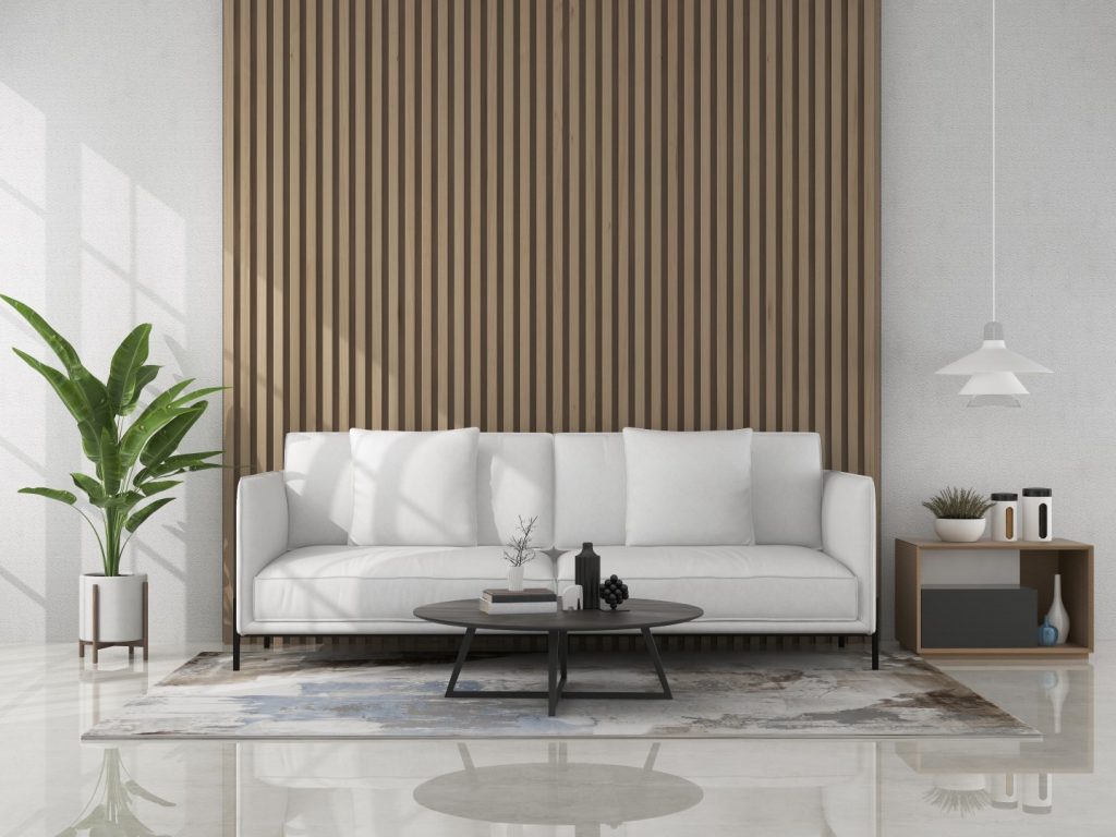 Slatted wood wall panels in a modern living room.