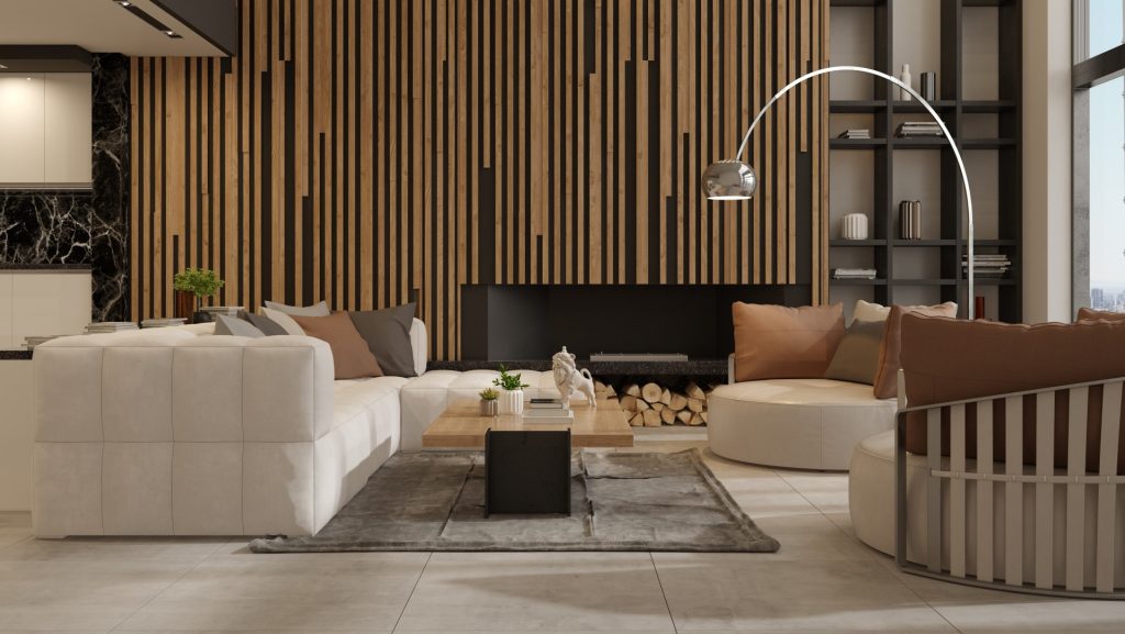 Modern luxury living room with cream sofas, a black fireplace, vertical wood-slat wall, curved floor lamp, and open shelves; calm, warm tones.